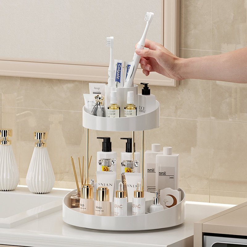 2-Tier Round Rotating Skincare Storage Extra Top Tray Included Large Capacity Toiletries Vanity Makeup Organizer Countertop