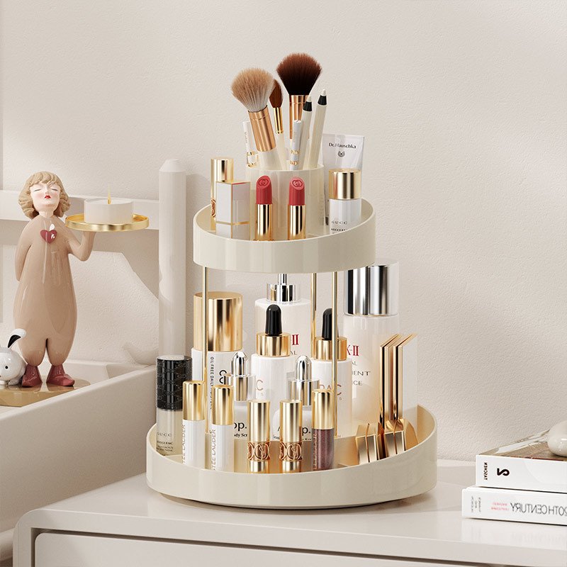 2-Tier Round Rotating Skincare Storage Extra Top Tray Included Large Capacity Toiletries Vanity Makeup Organizer Countertop