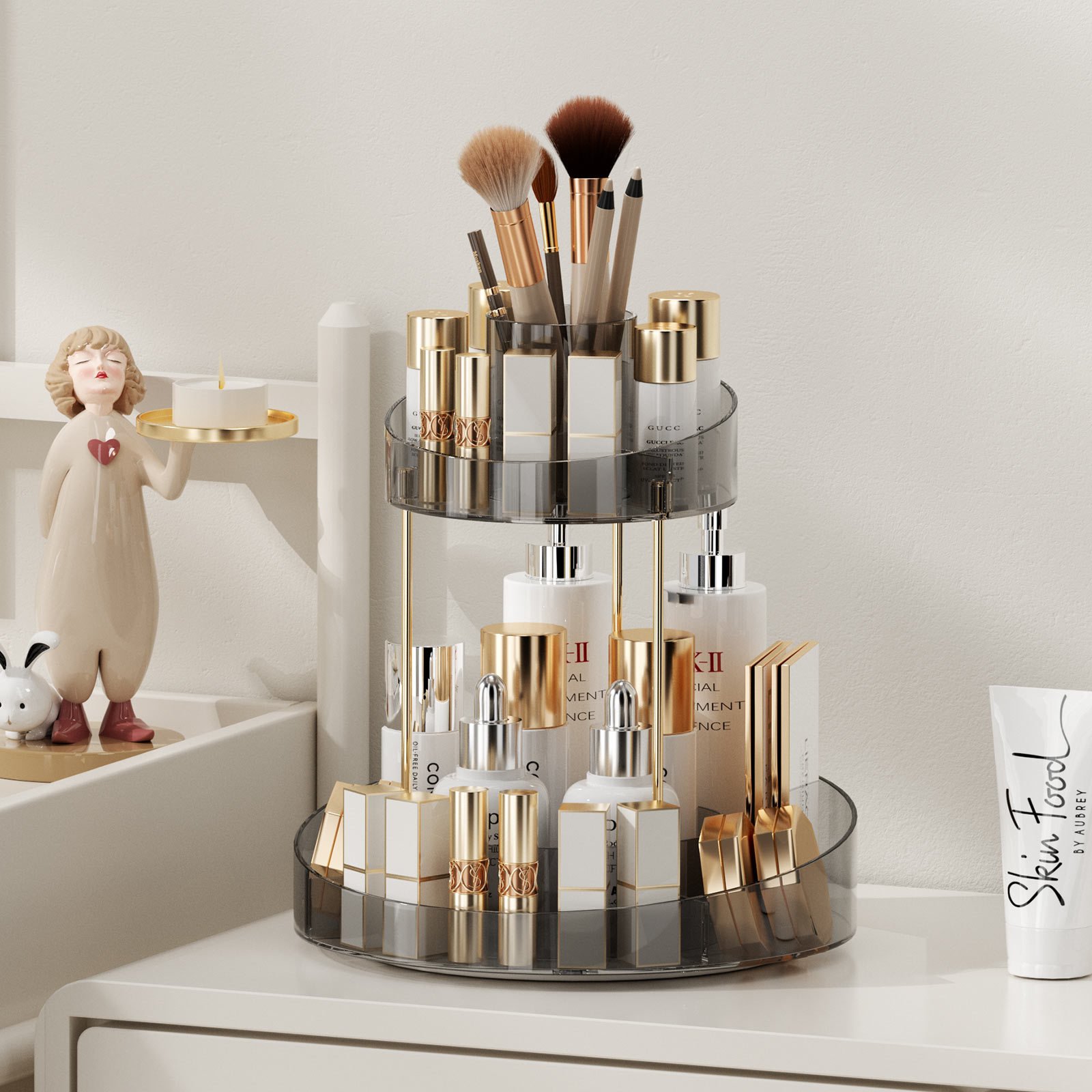 2-Tier Round Rotating Skincare Storage Extra Top Tray Included Large Capacity Toiletries Vanity Makeup Organizer Countertop