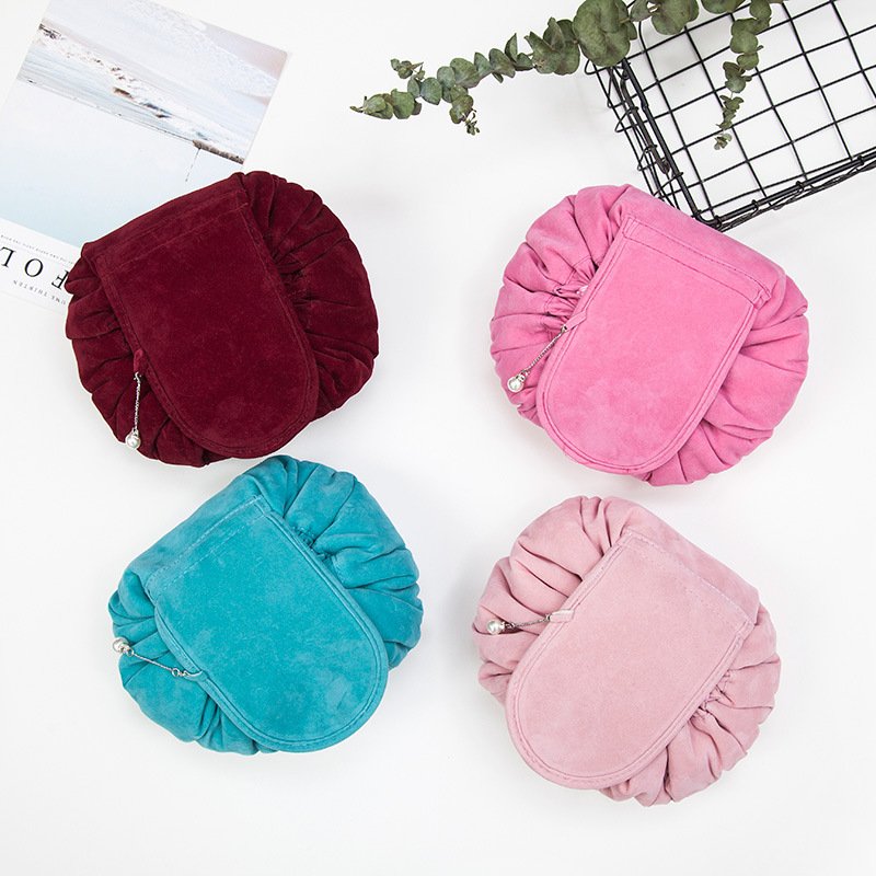 Customised Cosmetic Bag Large Capacity Flannel Lazy Make Up Pouches Foldable Drawstring Makeup Bag