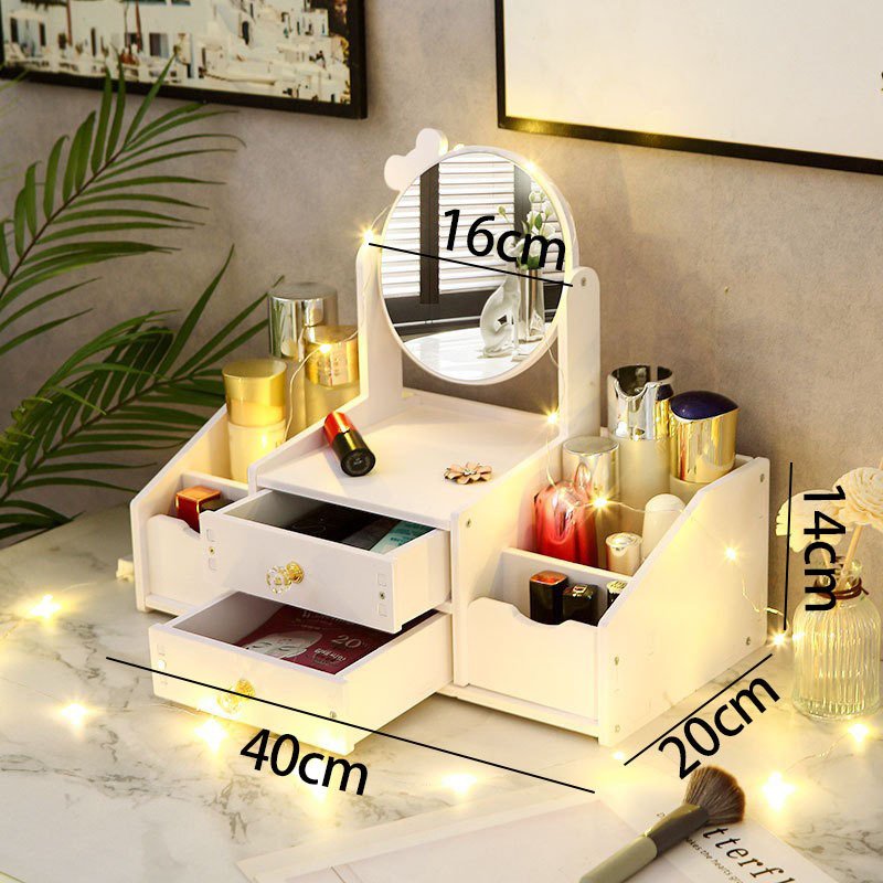 Multifunctional Luxury white round mirror nordic cosmetic storage box makeup organizer with cat ears with Mirror