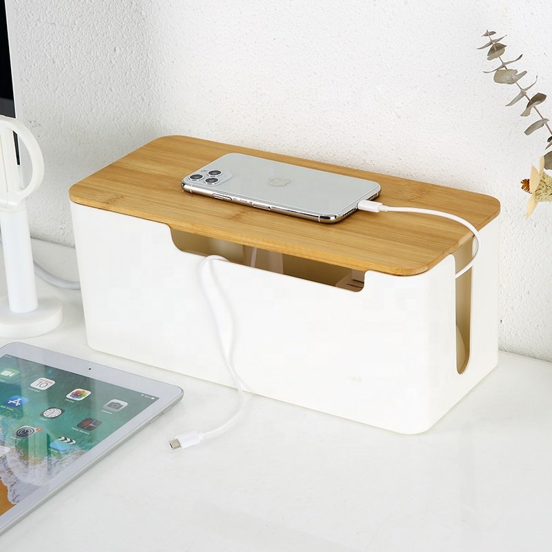 Home office cord organizer box space-adjustable cable management box white plastic cable management box with bamboo cover