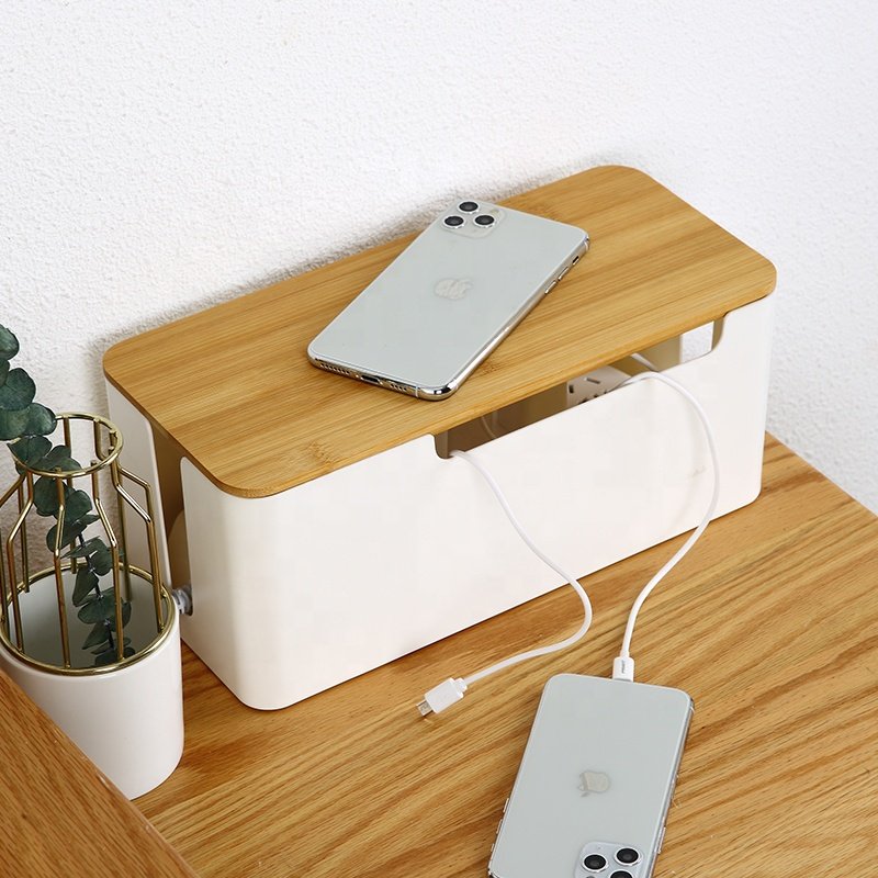 Home office cord organizer box space-adjustable cable management box white plastic cable management box with bamboo cover