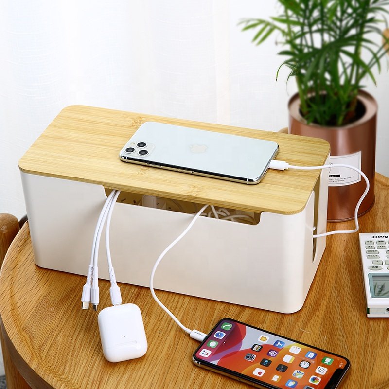 Home office cord organizer box space-adjustable cable management box white plastic cable management box with bamboo cover