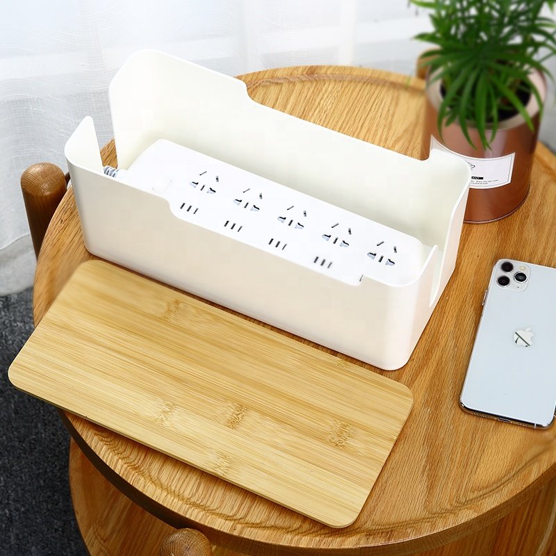 Home office cord organizer box space-adjustable cable management box white plastic cable management box with bamboo cover