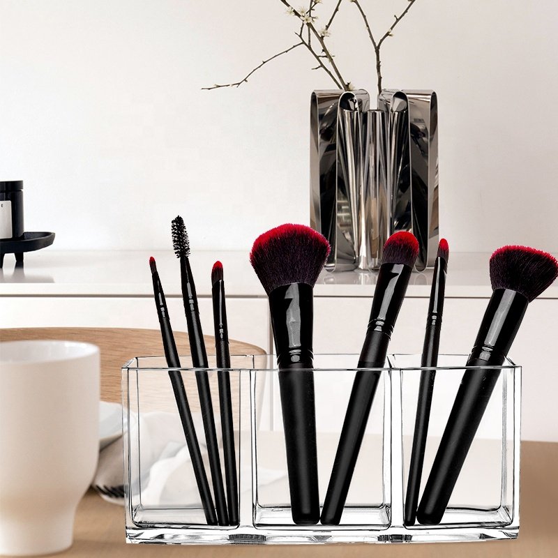 3 Grids Clear Makeup Brush Holder Transparent Plastic Makeup Brush Organizer