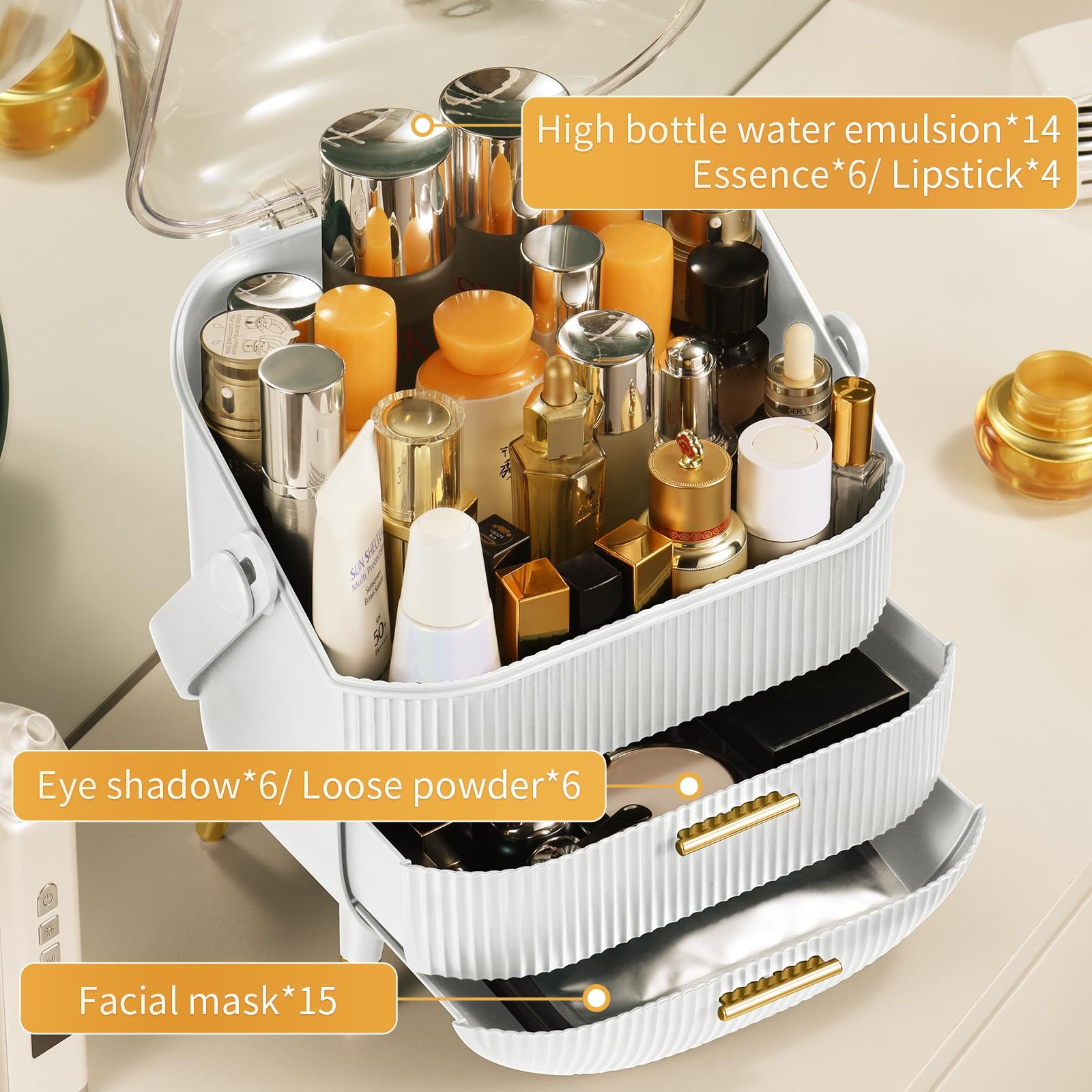 NISEVEN Hot Sale 3 Tier Clear Cover Cosmetic Display Case with Two Tier Drawer and Brush Storage Box Makeup Storage Organizer
