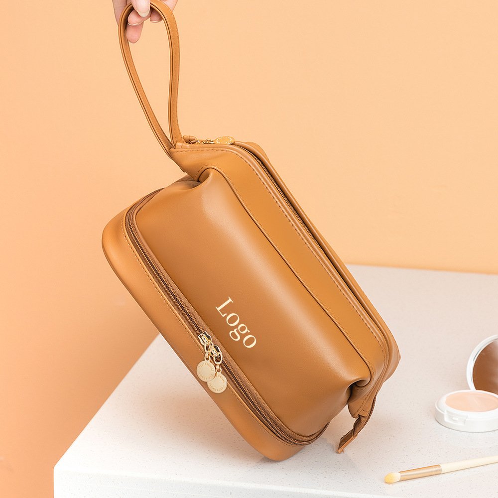 Custom Logo Double Layer Make up Pouch pu leather soft travel organizer beige cosmetic bag