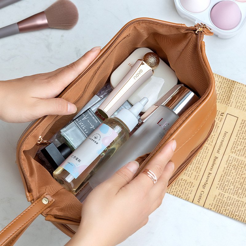 Custom Logo Double Layer Make up Pouch pu leather soft travel organizer beige cosmetic bag