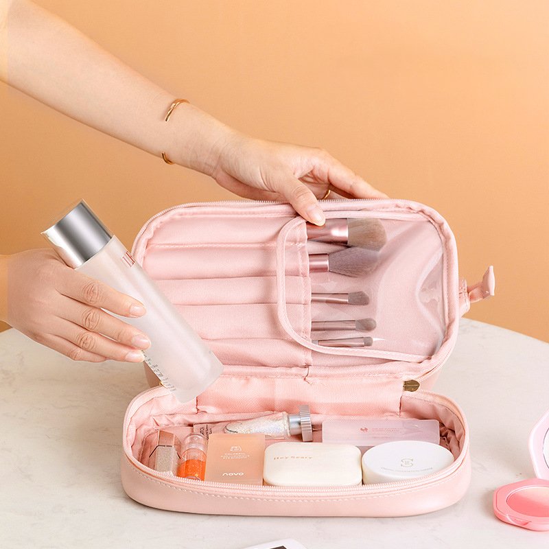 Custom Logo Double Layer Make up Pouch pu leather soft travel organizer beige cosmetic bag