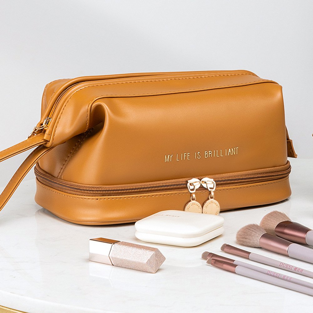 Custom Logo Double Layer Make up Pouch pu leather soft travel organizer beige cosmetic bag