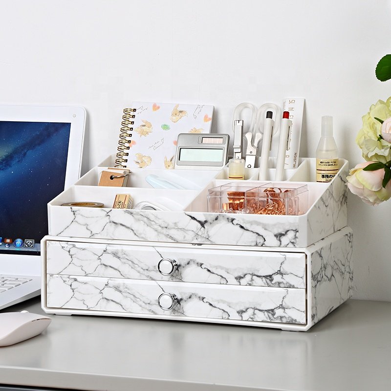 Multifunction 3tier home desktop dust proof cosmetic storage box plastic stackable marble 2 pieces makeup organizer set