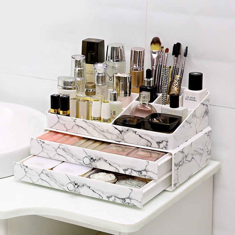 Multifunction 3tier home desktop dust proof cosmetic storage box plastic stackable marble 2 pieces makeup organizer set