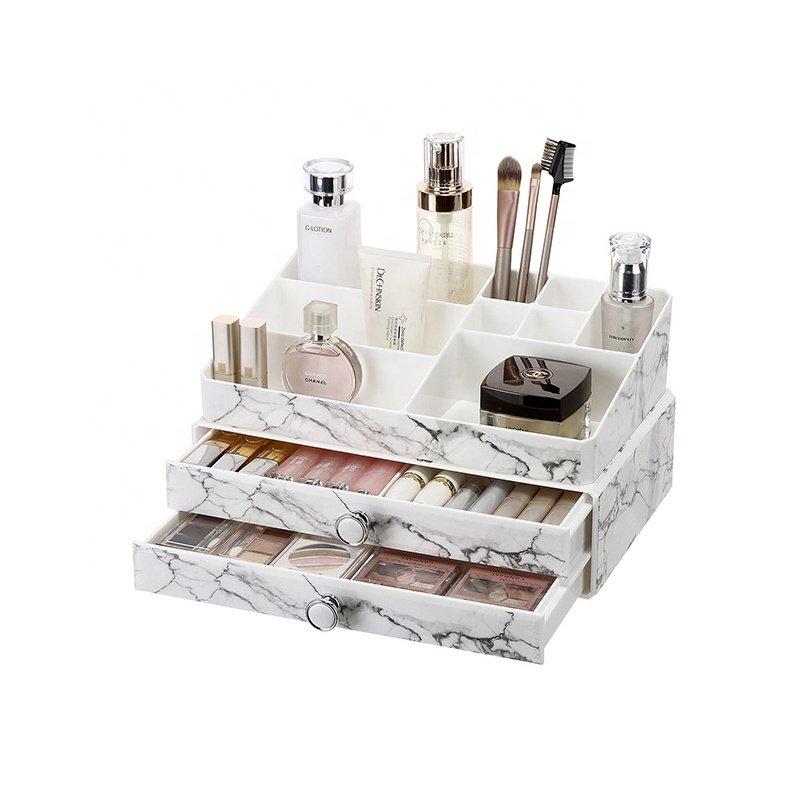 Multifunction 3tier home desktop dust proof cosmetic storage box plastic stackable marble 2 pieces makeup organizer set