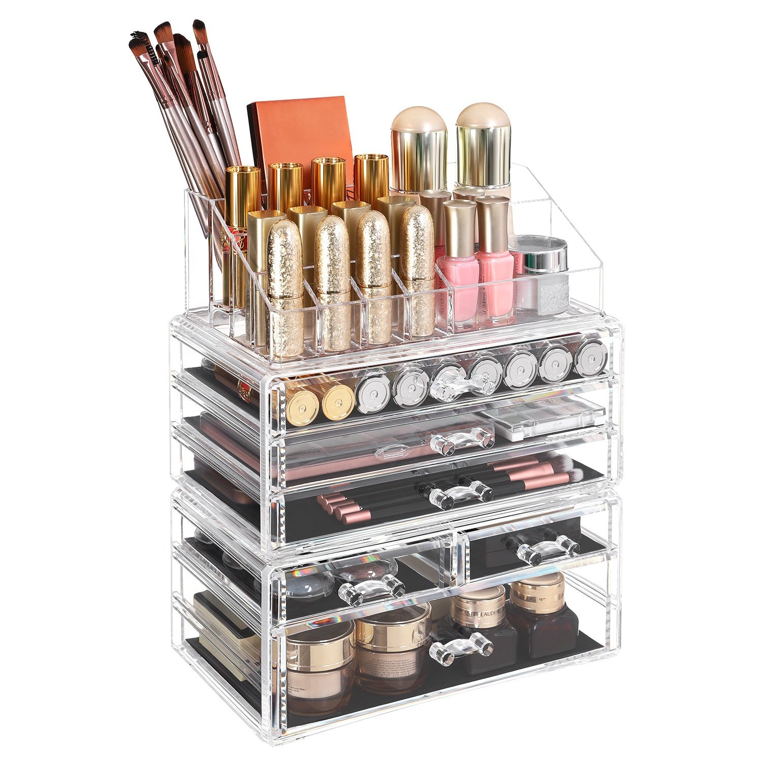 SONGMICS Acrylic Clear Make Up Organiser Display Multifunction Makeup Case Stackable Cosmetic Storage Box with 6 Drawers