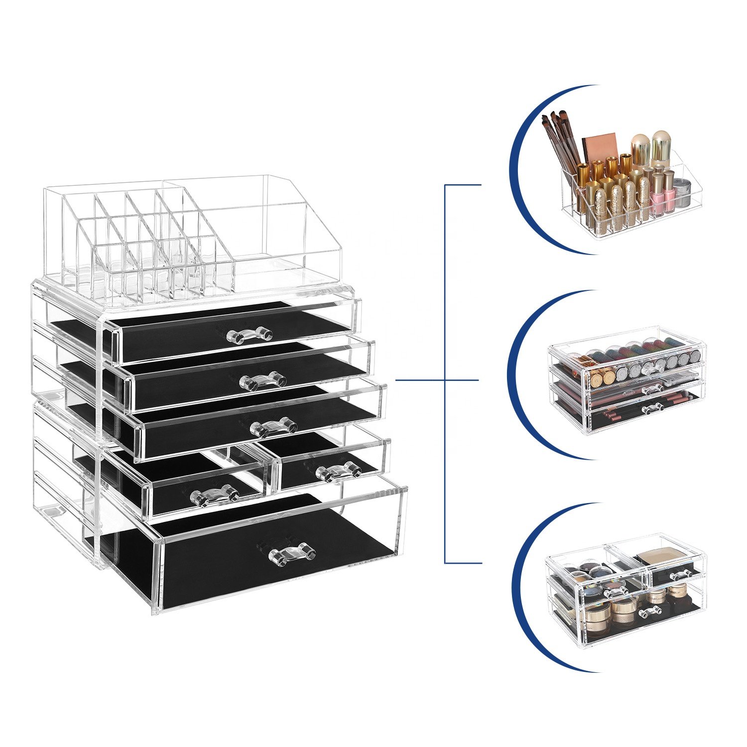 SONGMICS Acrylic Clear Make Up Organiser Display Multifunction Makeup Case Stackable Cosmetic Storage Box with 6 Drawers
