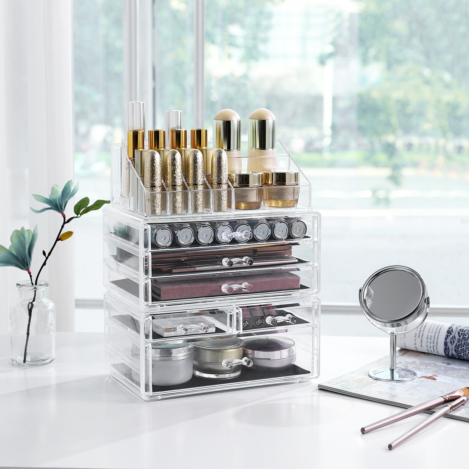 SONGMICS Acrylic Clear Make Up Organiser Display Multifunction Makeup Case Stackable Cosmetic Storage Box with 6 Drawers