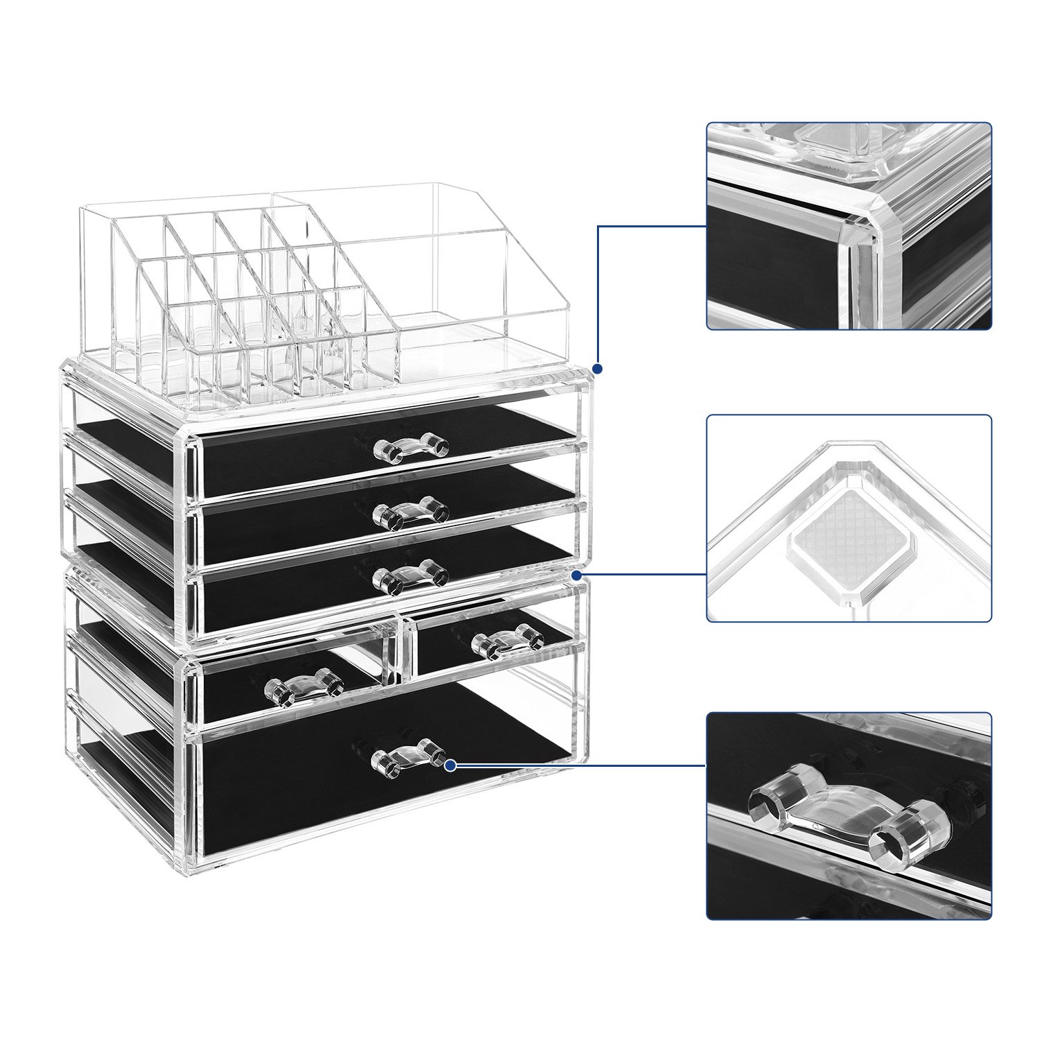 SONGMICS Acrylic Clear Make Up Organiser Display Multifunction Makeup Case Stackable Cosmetic Storage Box with 6 Drawers