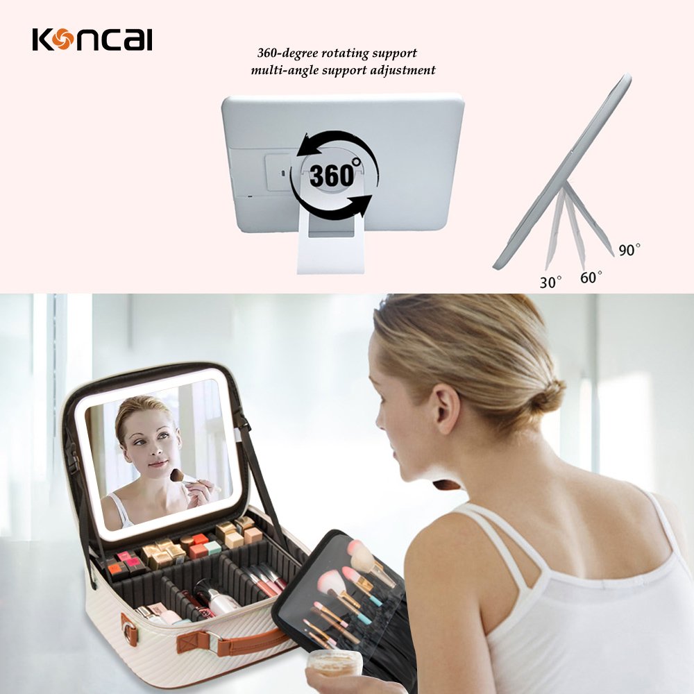 KONCAI Make Up Box with Light Mirror Cosmetic Accessories Brush Holder Vanity Beauty Case Large Travel Makeup Organizers Bag