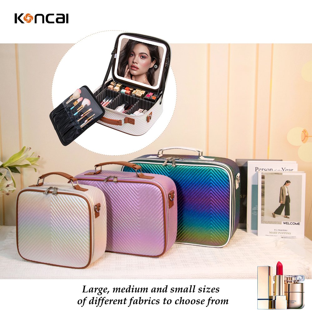 KONCAI Make Up Box with Light Mirror Cosmetic Accessories Brush Holder Vanity Beauty Case Large Travel Makeup Organizers Bag