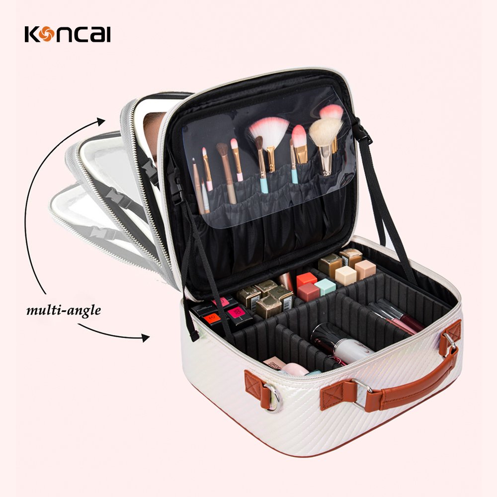 KONCAI Make Up Box with Light Mirror Cosmetic Accessories Brush Holder Vanity Beauty Case Large Travel Makeup Organizers Bag