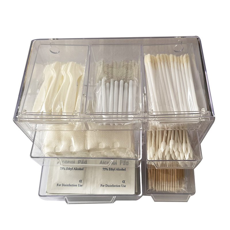 Disposable makeup applicators set in 6 grids PP plastic organizer box for daily use of eyelash eyebrow lip facial makeup