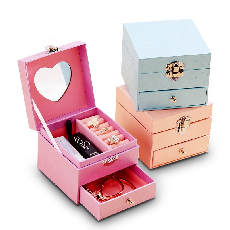 Customizable Luxury Velvet Jewelry Travel Double-layer Organizer Boxes with Drawer Compartments Mirror and Locking clasp