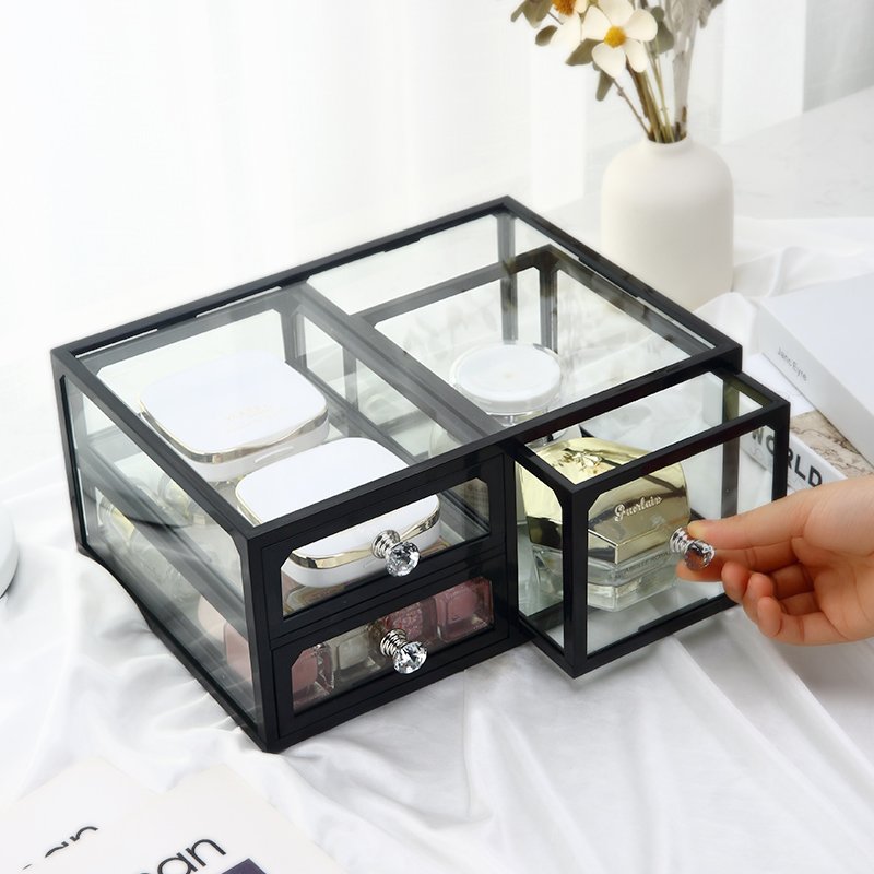 Dresser stackable dustproof cosmetic and jewelry storage box clear glass makeup drawers storage organizer with diamond knob