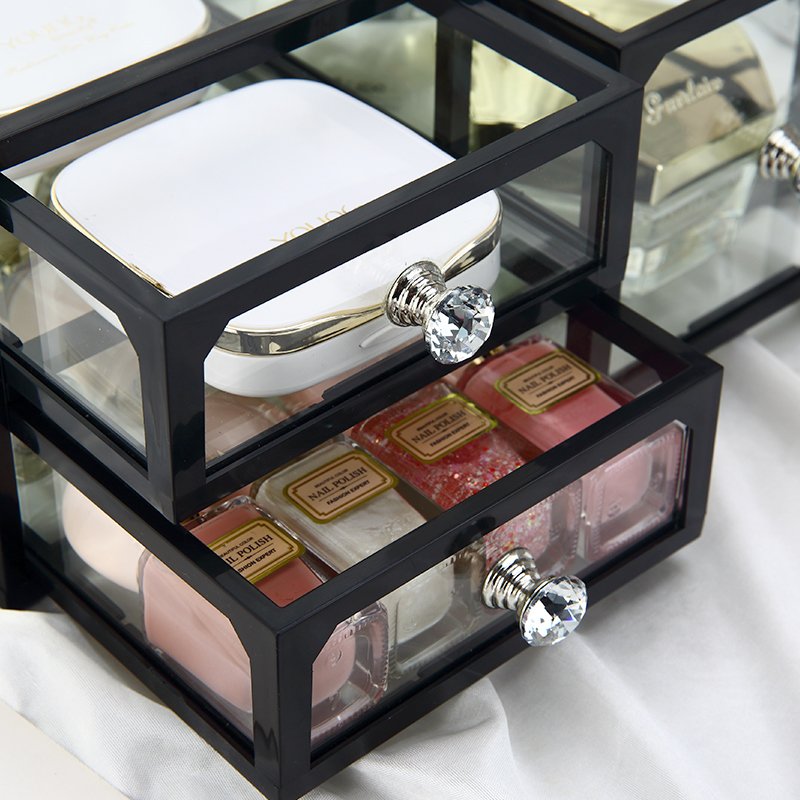 Dresser stackable dustproof cosmetic and jewelry storage box clear glass makeup drawers storage organizer with diamond knob