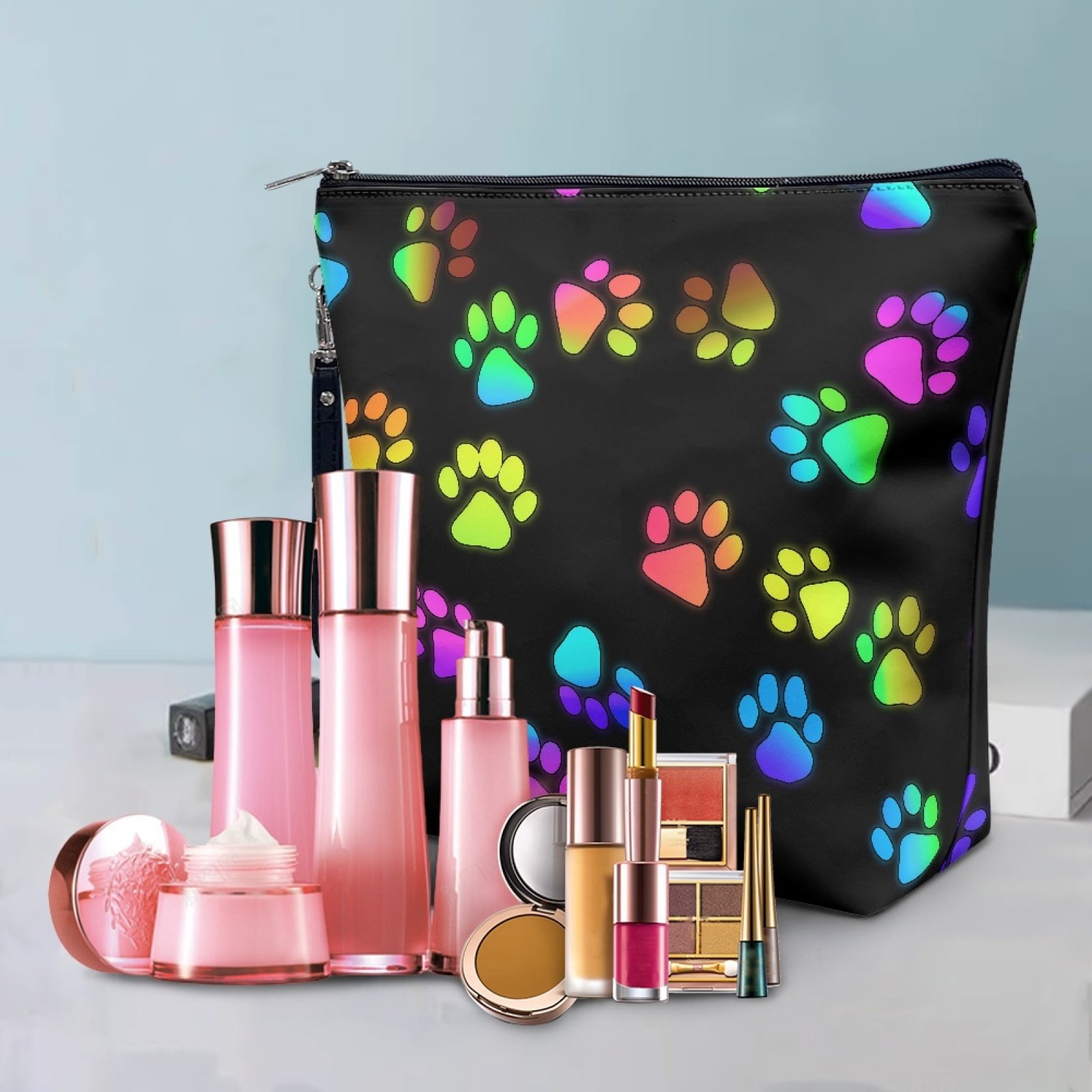 Wholesale gradient color custom print pu leather makeup bag zip closure large size funky makeup bags best quality cosmetic pouch