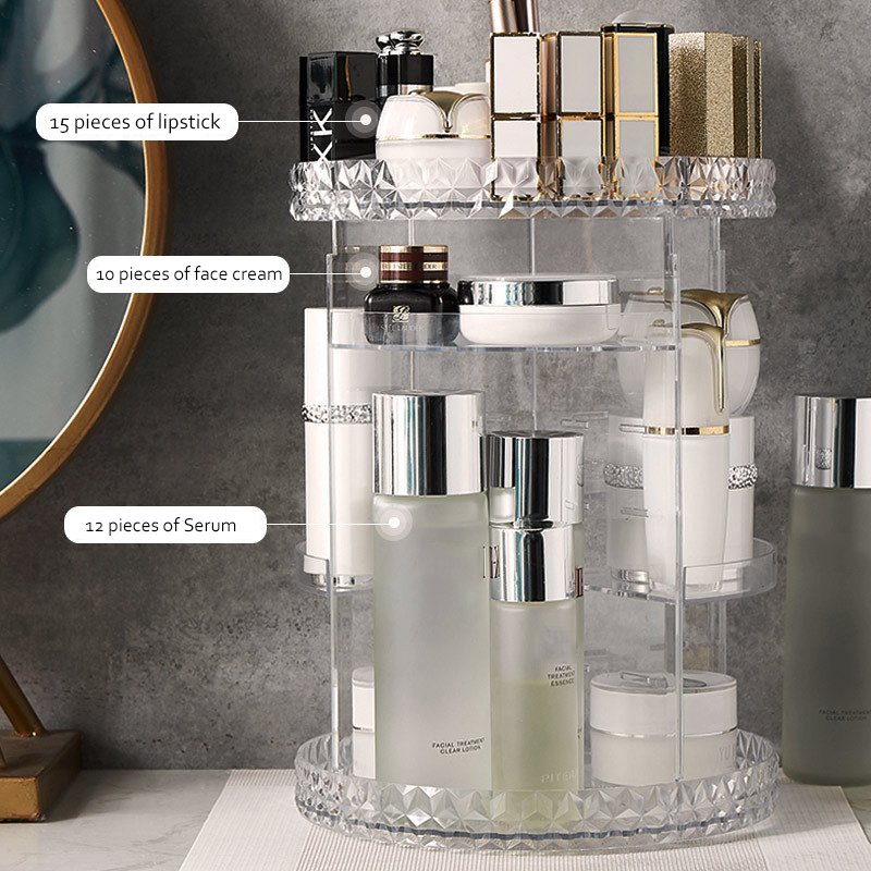 Bathroom 360 Degree Rotating 2 Tier Plastic Makeup Diamond Cosmetic Organizer With Handle