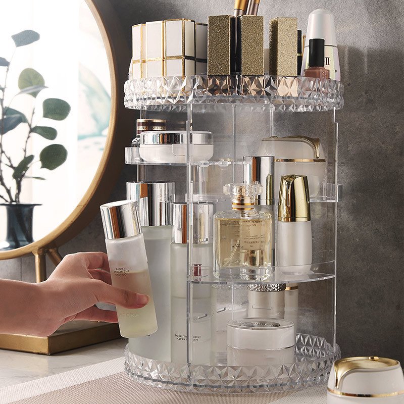 Bathroom 360 Degree Rotating 2 Tier Plastic Makeup Diamond Cosmetic Organizer With Handle