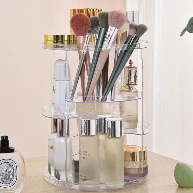 Bathroom 360 Degree Rotating 2 Tier Plastic Makeup Diamond Cosmetic Organizer With Handle