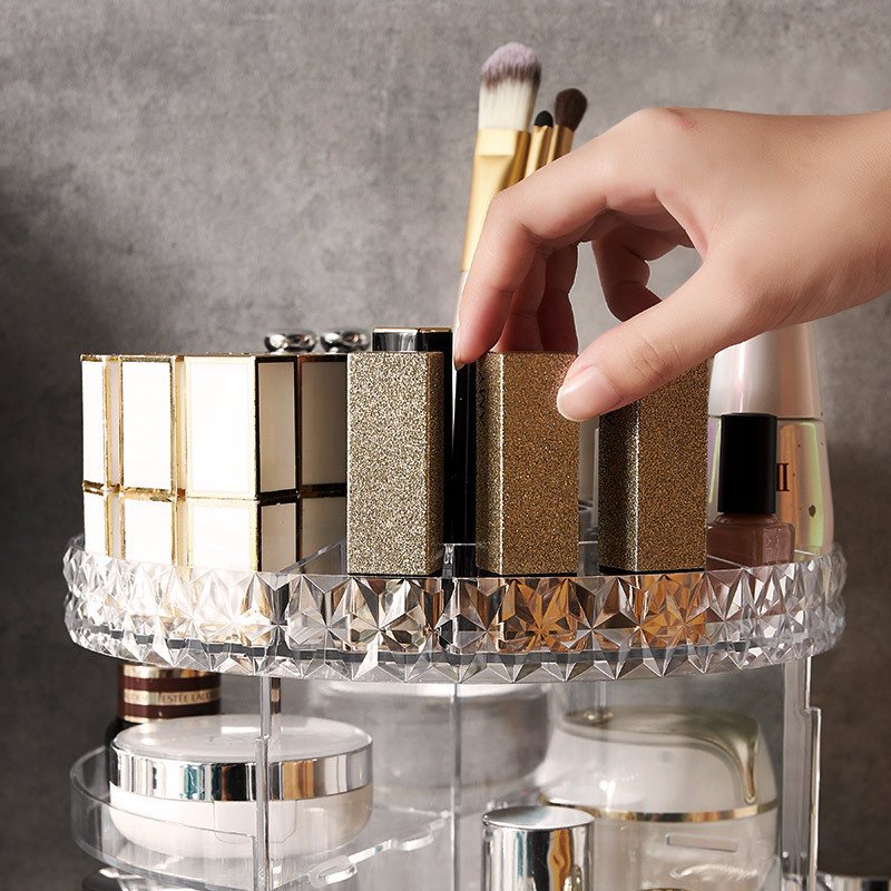 Bathroom 360 Degree Rotating 2 Tier Plastic Makeup Diamond Cosmetic Organizer With Handle