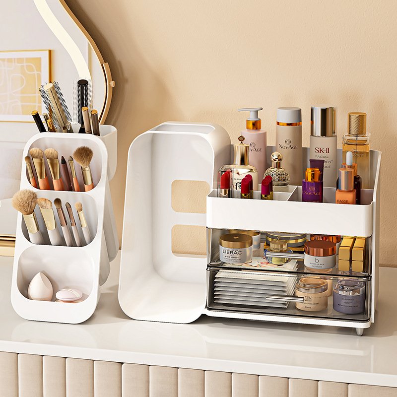 Factory Wholesale Desktop Makeup Cosmetic Organizer with Drawers Plastic Skincare Storage Box with Lipstick Brush Holder