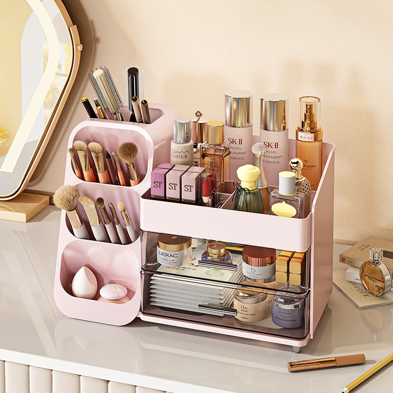 Factory Wholesale Desktop Makeup Cosmetic Organizer with Drawers Plastic Skincare Storage Box with Lipstick Brush Holder