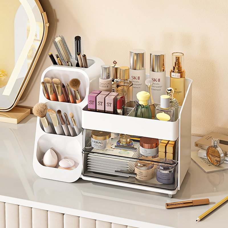 Factory Wholesale Desktop Makeup Cosmetic Organizer with Drawers Plastic Skincare Storage Box with Lipstick Brush Holder