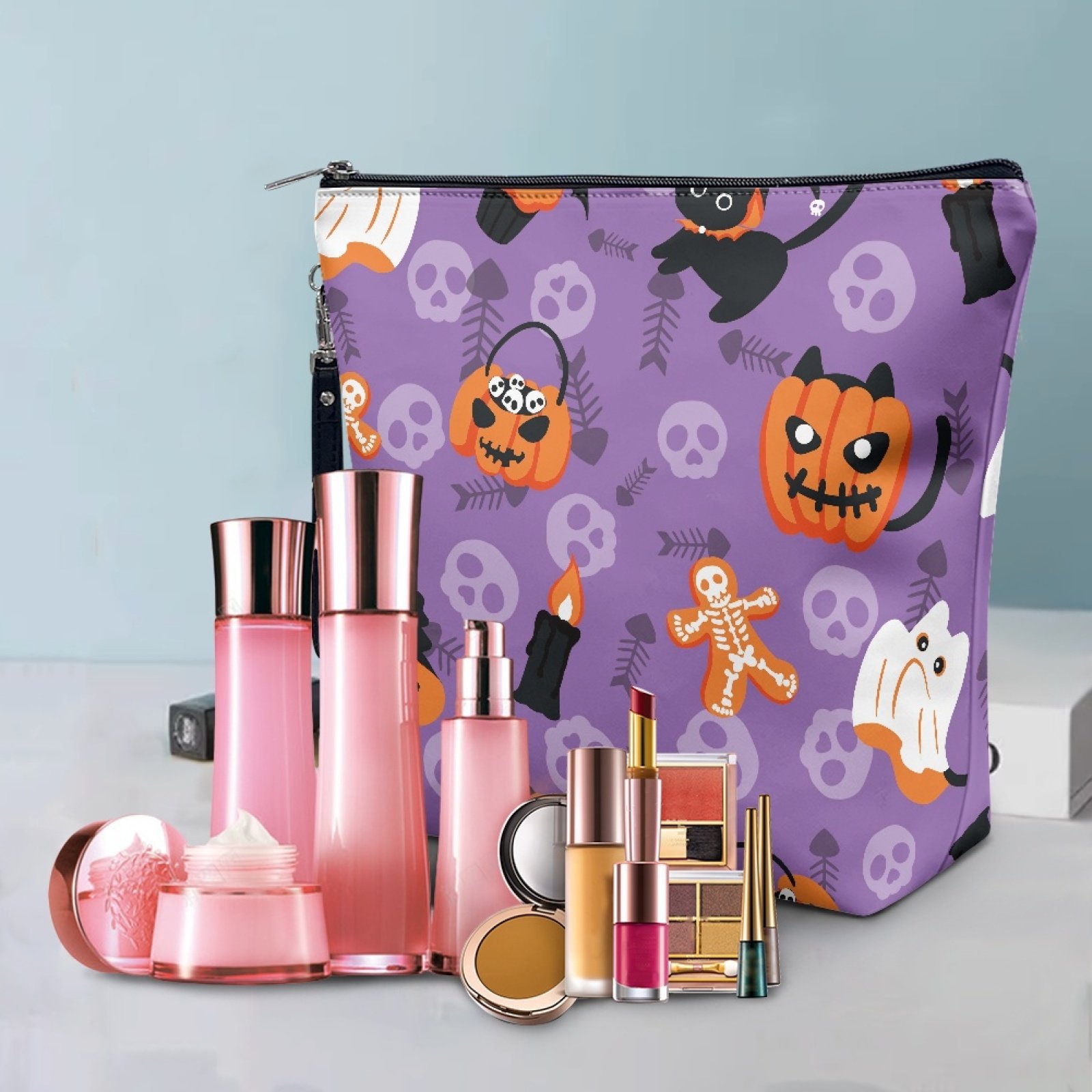 Custom Cartoon Halloween Print Gift Make Up Handbag Travel Cosmetic Bag Zipper Toiletry Pouch Organizer Funny Storage Makeup Bag