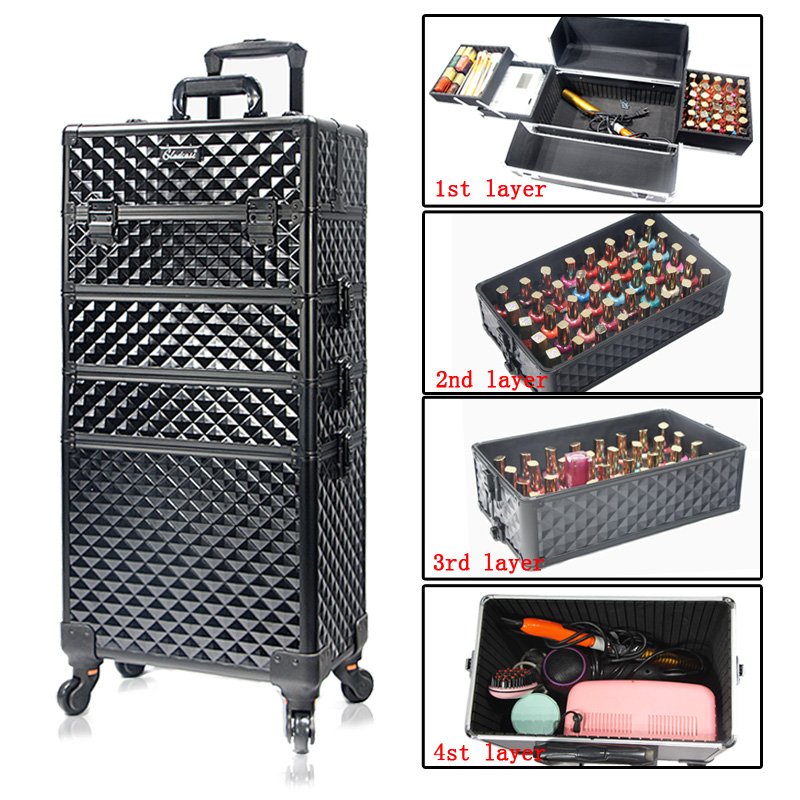 Makeup hard case vanity large makeup train case black professional hairdresser carrying case on wheels