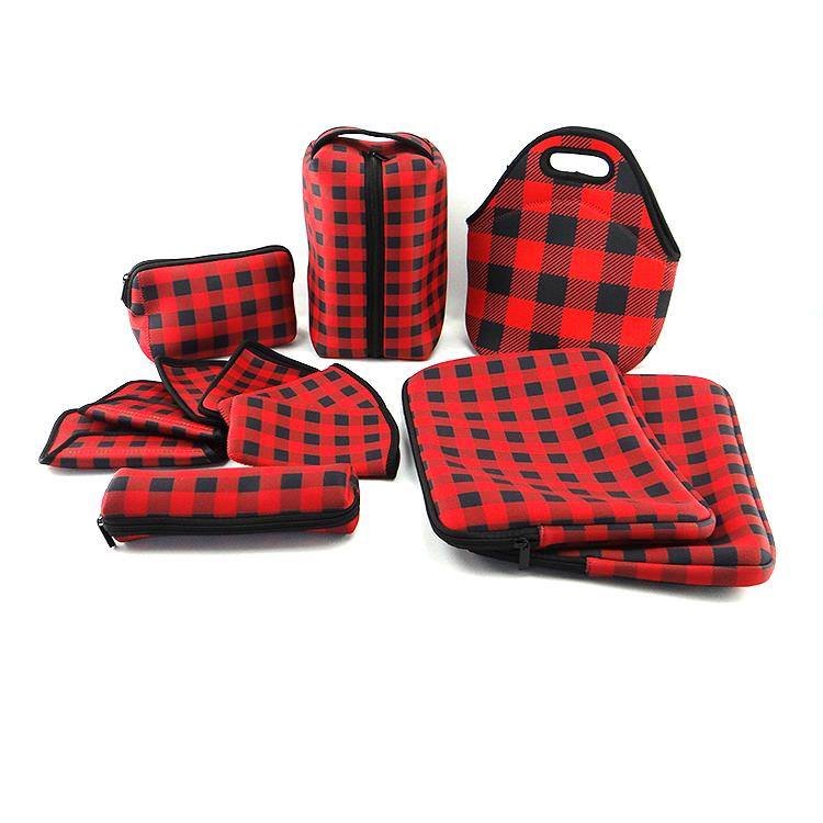 Latest design factory direct sales plaid fabric neoprene travel make up bag,