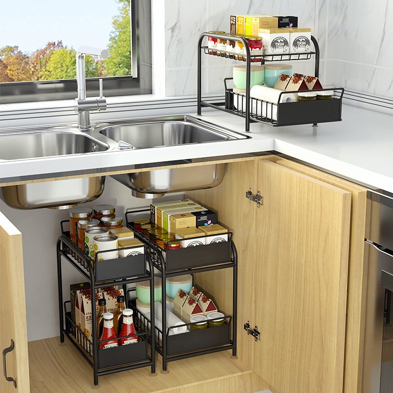 2 Pack Sliding Cabinet Basket Organizers And Storage Under The Sink Organizers And Storage Under Cabinet Spice Storage Pullout