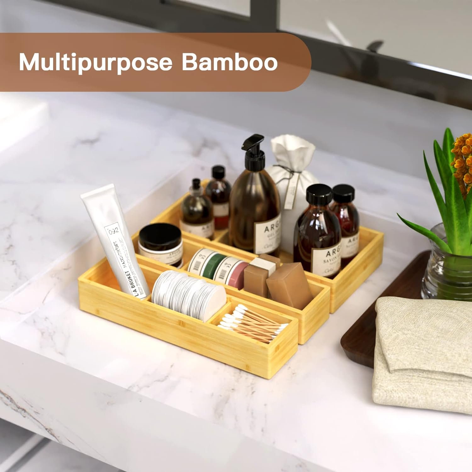 Modern design Adjustable 3 Individual Storage Containers Bamboo Drawer Organizer Box Organizer for Kitchen, Bathroom