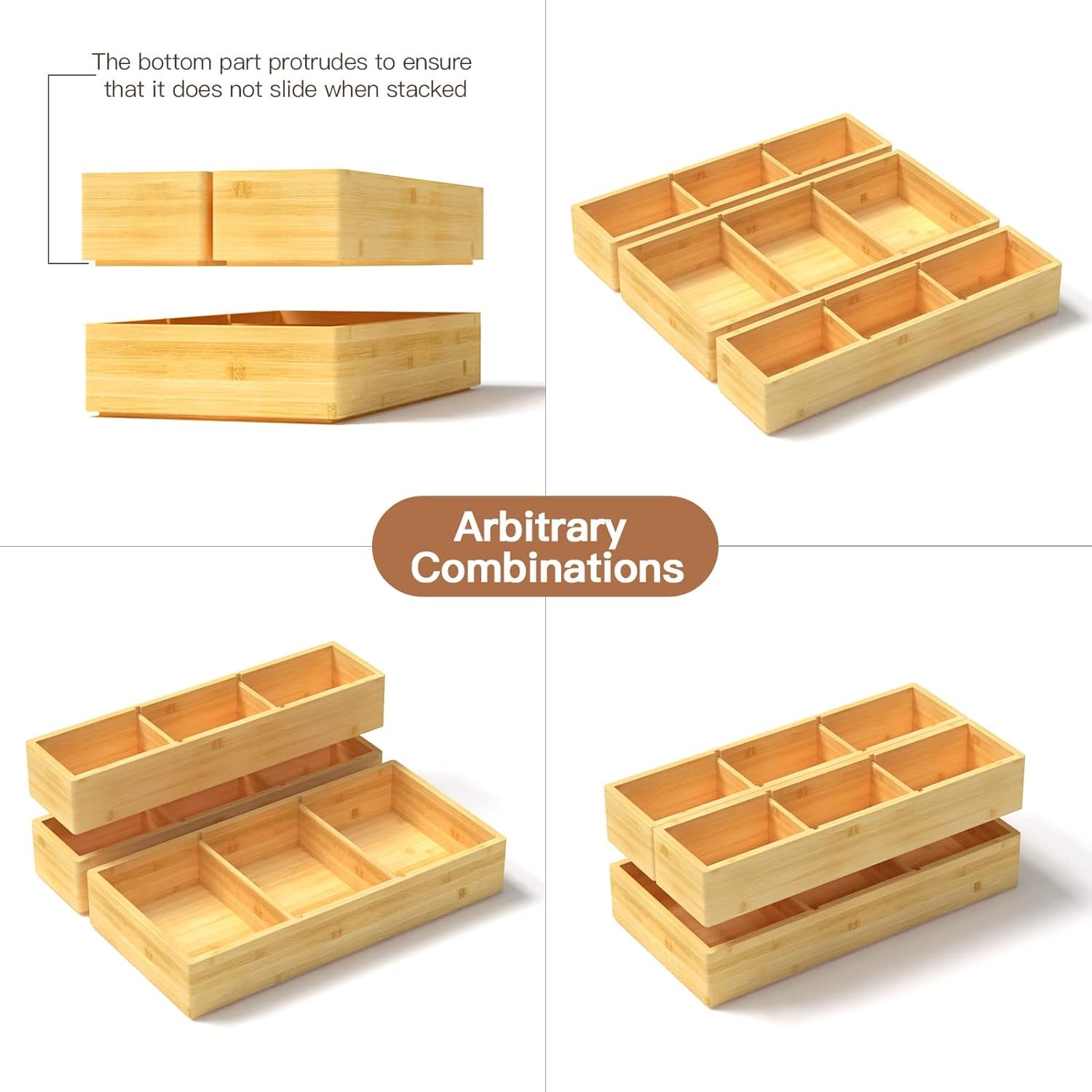 Modern design Adjustable 3 Individual Storage Containers Bamboo Drawer Organizer Box Organizer for Kitchen, Bathroom