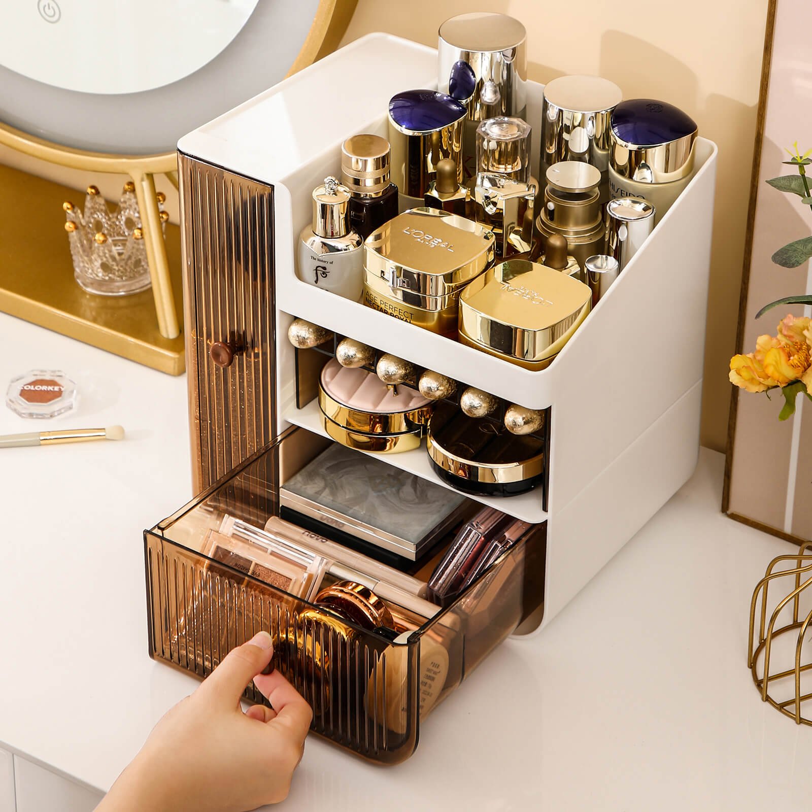Makeup Organizer Dust-proof Makeup Storage Organizer with Drawer Water-proof Cosmetic Display Case for Bathroom and Bedroom