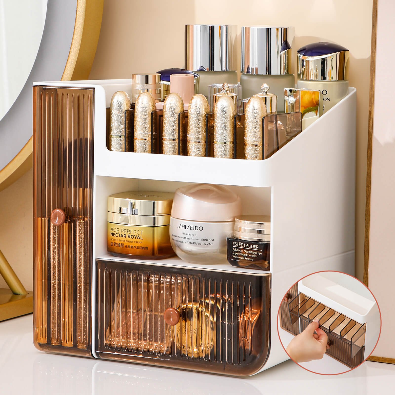 Makeup Organizer Dust-proof Makeup Storage Organizer with Drawer Water-proof Cosmetic Display Case for Bathroom and Bedroom