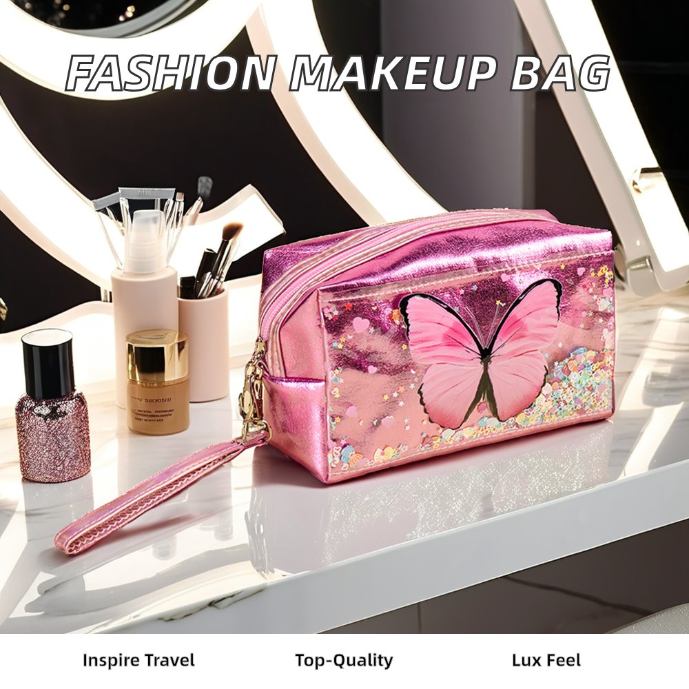Hot Selling Professional Glitter PU Travel Makeup Bag Custom Fashion Gift Women Zipper Closure Wholesale Butterfly Cosmetic CASE