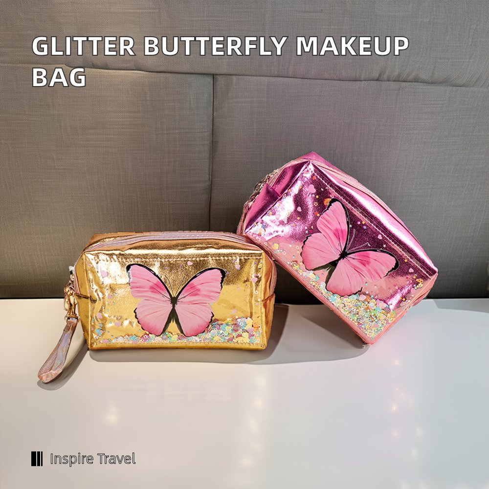 Hot Selling Professional Glitter PU Travel Makeup Bag Custom Fashion Gift Women Zipper Closure Wholesale Butterfly Cosmetic CASE