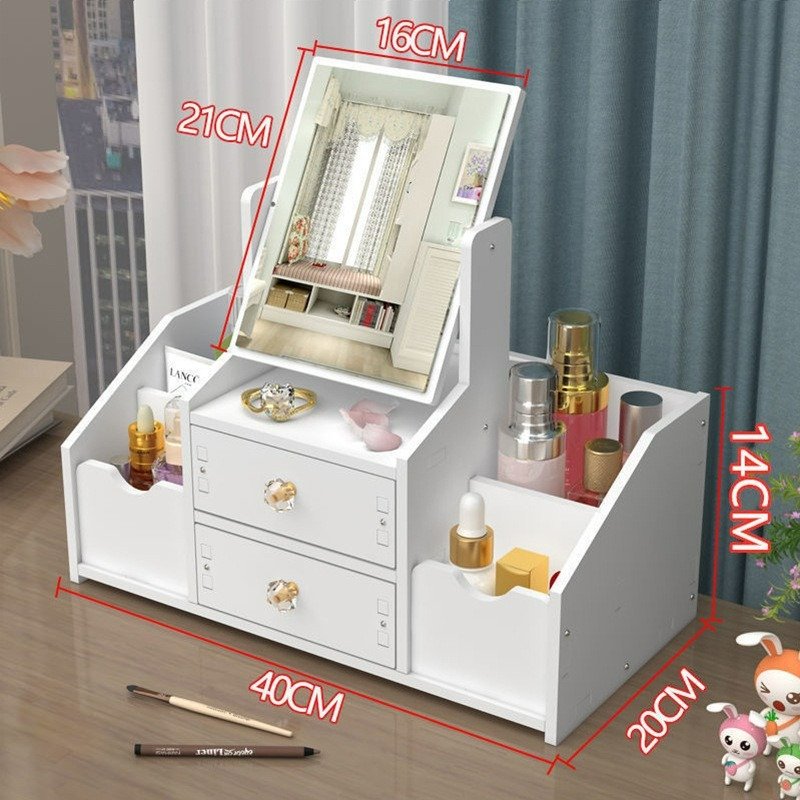 Luxury White round Mirror Makeup Organizer Modern Nordic Design with Cat Ears Multifunctional Cosmetic Storage Box for Jewelry