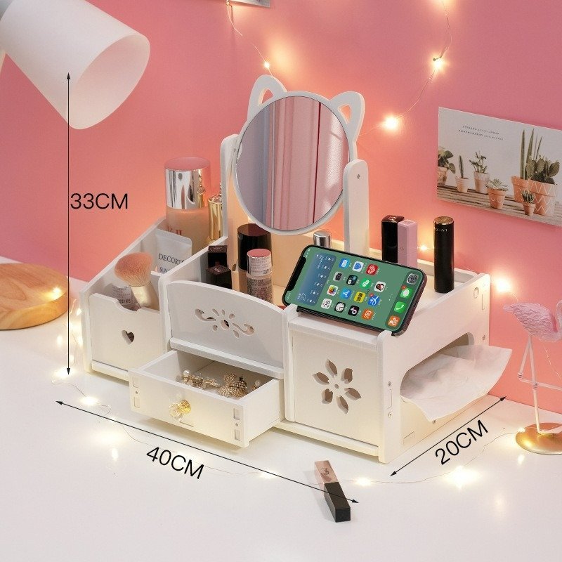 Luxury White round Mirror Makeup Organizer Modern Nordic Design with Cat Ears Multifunctional Cosmetic Storage Box for Jewelry