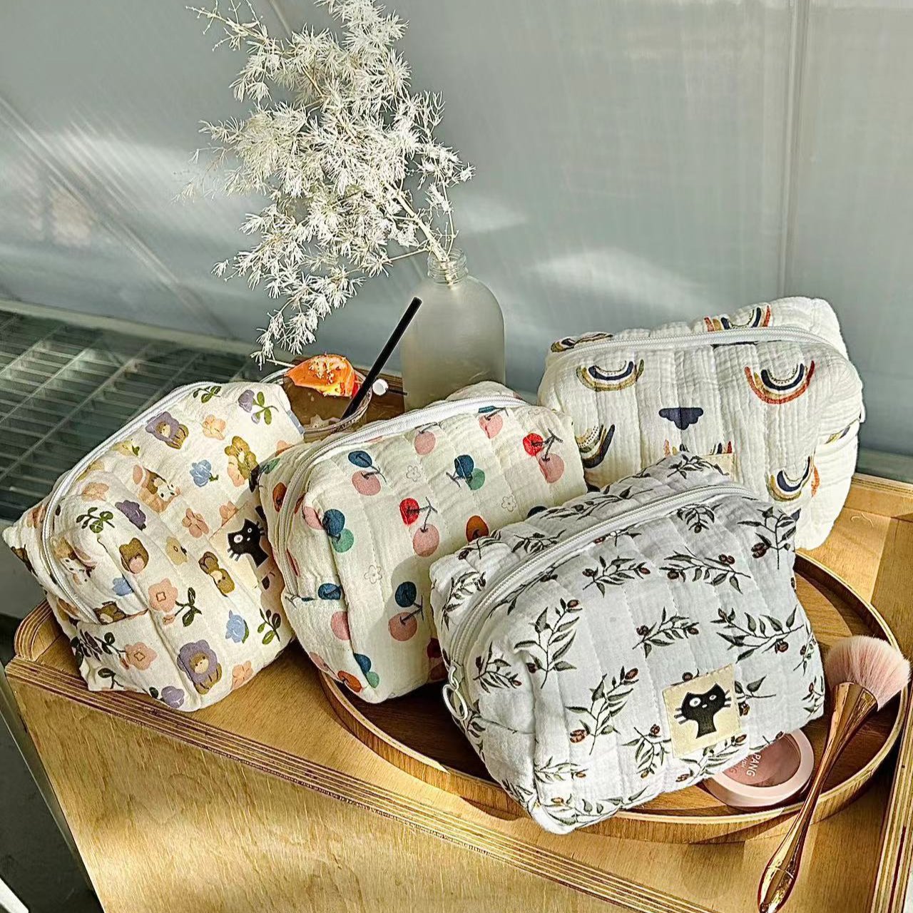 large capacity cartoon floral cotton quilted makeup pouch skincare storage bag portable cute toiletries cosmetic bag